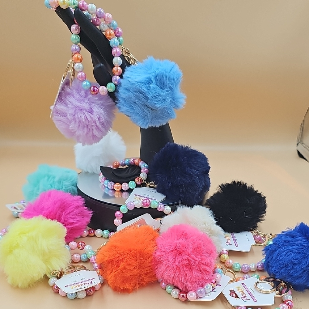 Pink and Blue Fluffy Pom-Pom Jewelry Accessories